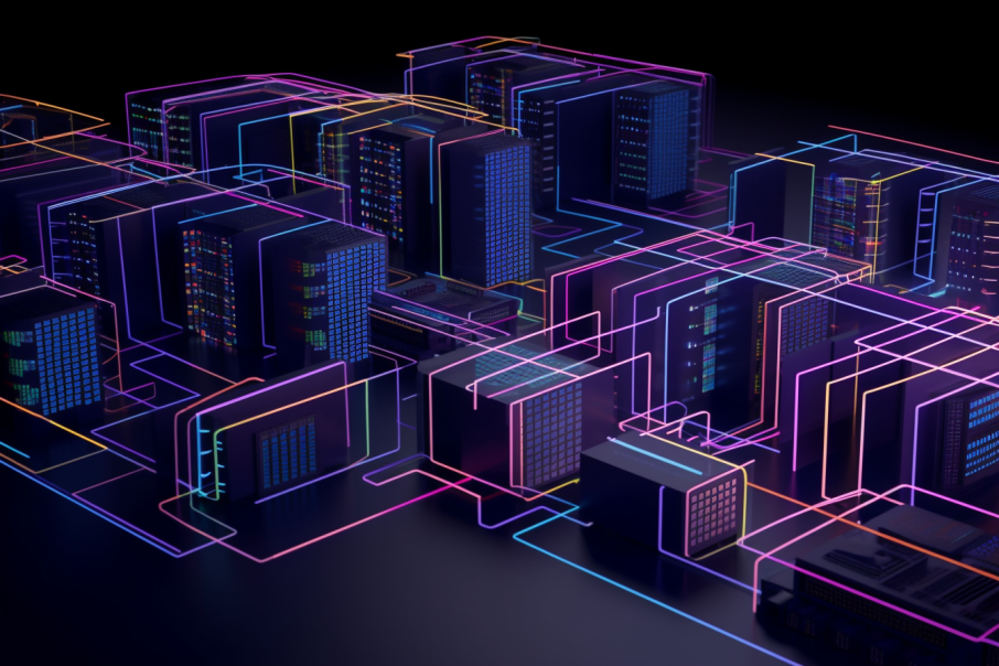 A 3D visualization of a large data center, with various colored pathways connecting the servers to represent the data governance policies and procedures.